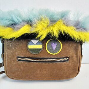 Fossil Piper Toaster Bot Leather Crossbody Bag Faux Fur Trim & Key Charm – Brown